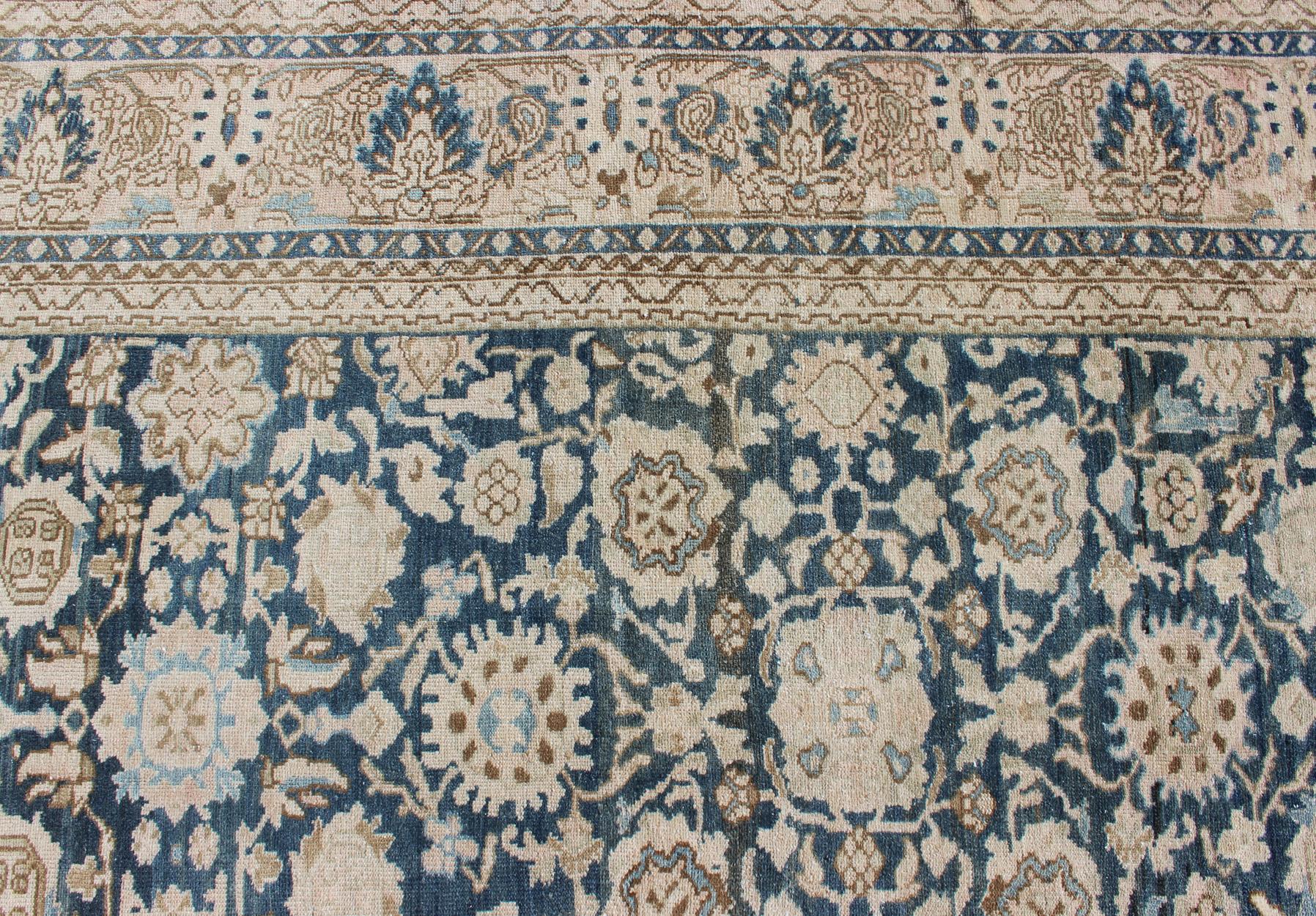 All-Over Blue Floral Persian Hamadan Rug in Navy Blue and Earthy Tones For Sale 5