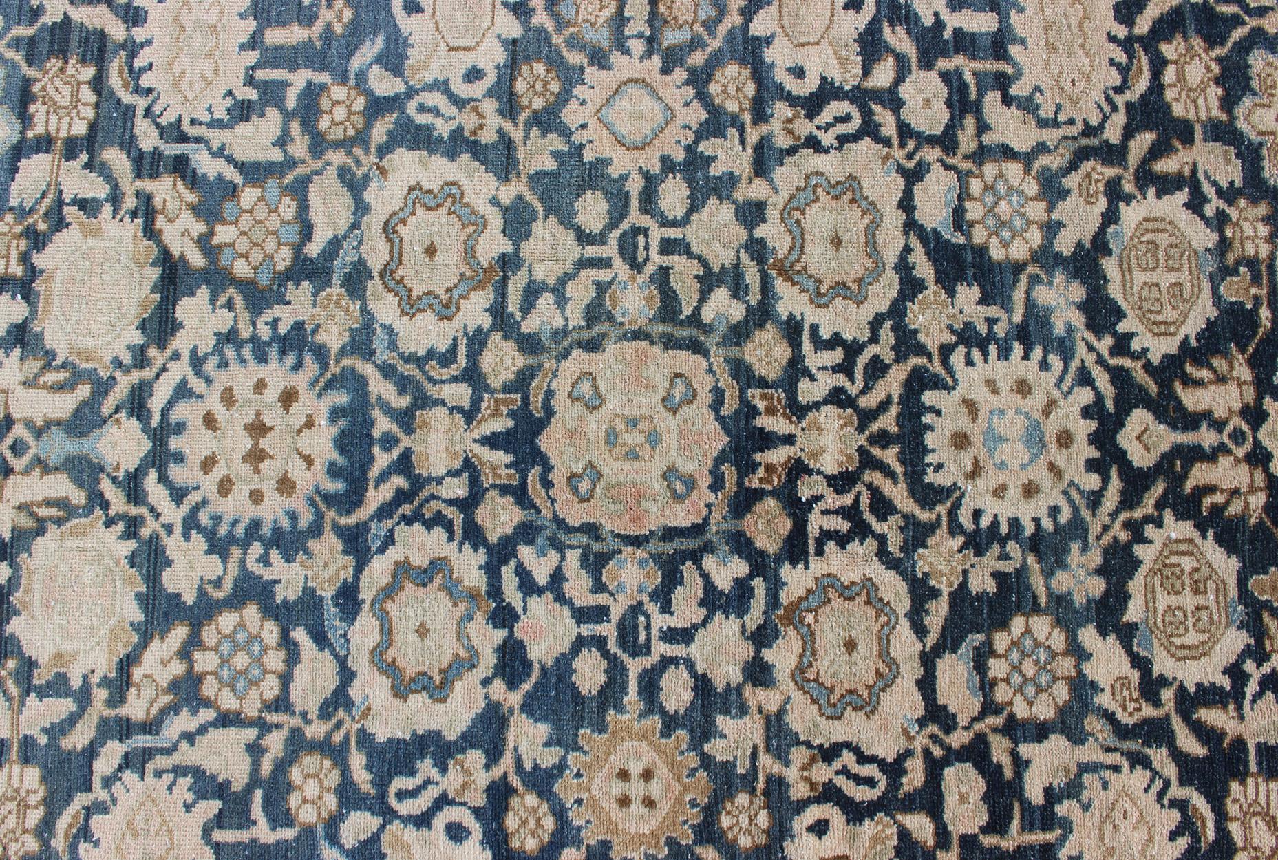 All-Over Blue Floral Persian Hamadan Rug in Navy Blue and Earthy Tones For Sale 8