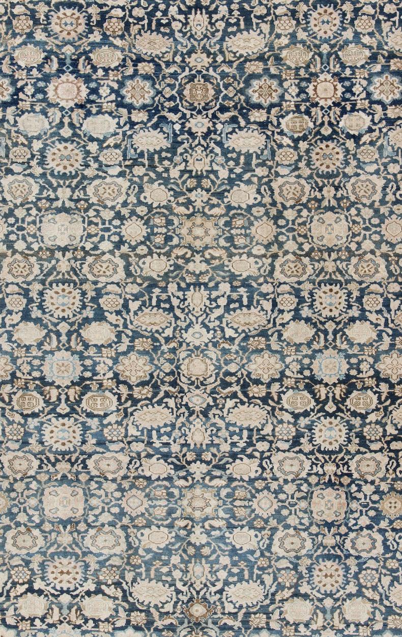 Malayer All-Over Blue Floral Persian Hamadan Rug in Navy Blue and Earthy Tones For Sale