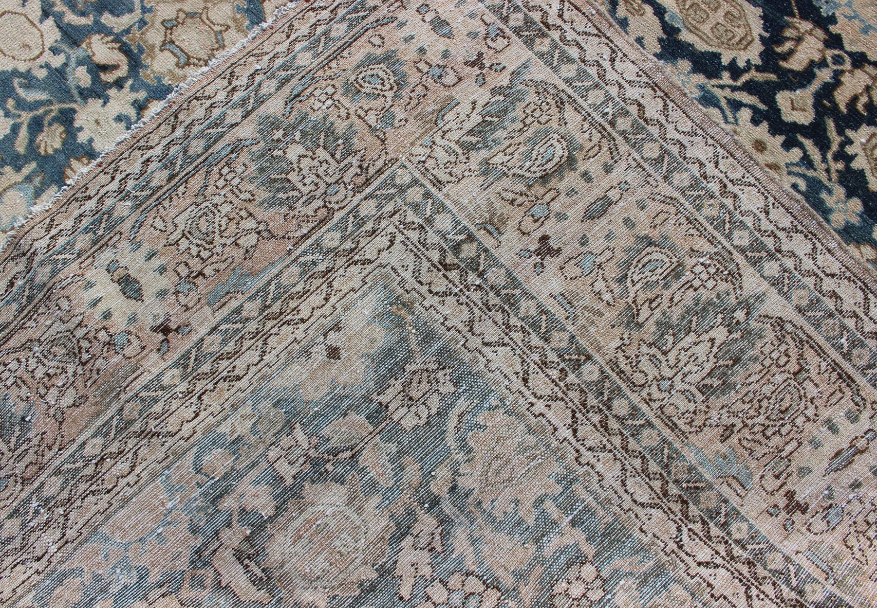 Hand-Knotted All-Over Blue Floral Persian Hamadan Rug in Navy Blue and Earthy Tones For Sale