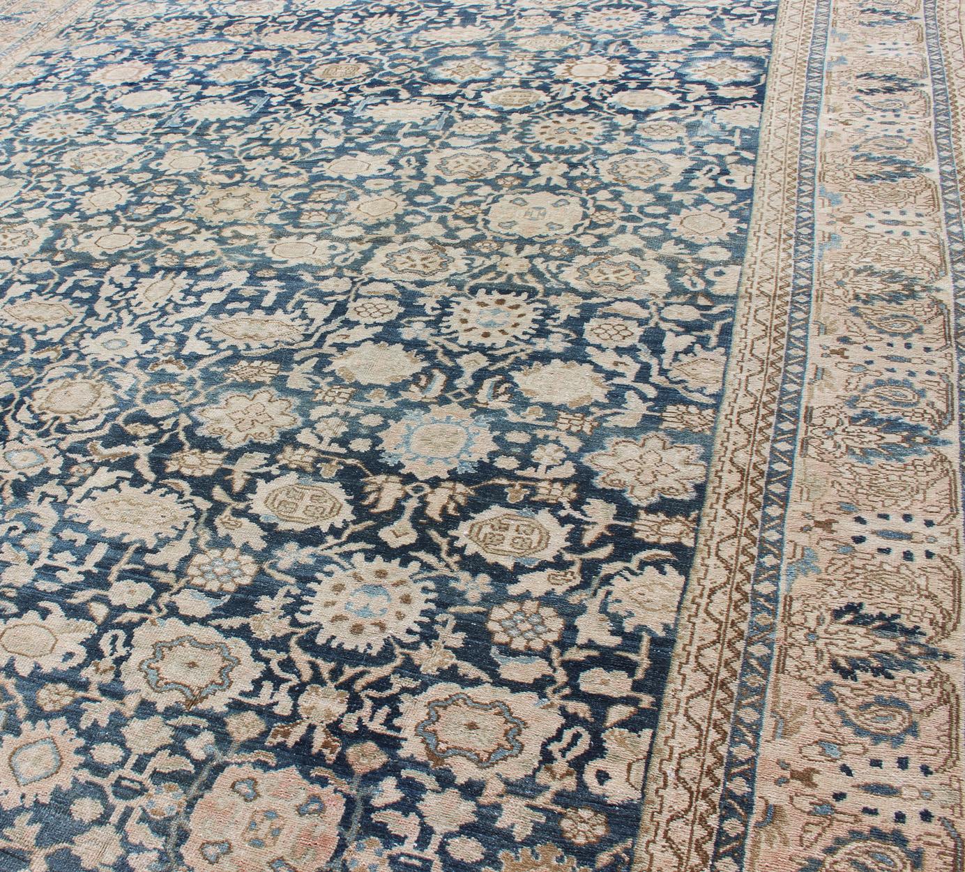 20th Century All-Over Blue Floral Persian Hamadan Rug in Navy Blue and Earthy Tones For Sale