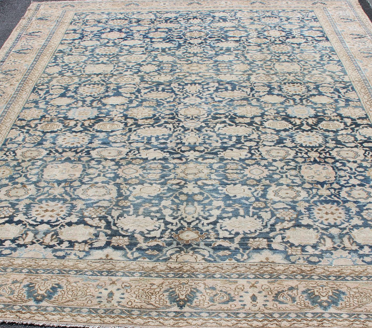 Wool All-Over Blue Floral Persian Hamadan Rug in Navy Blue and Earthy Tones For Sale