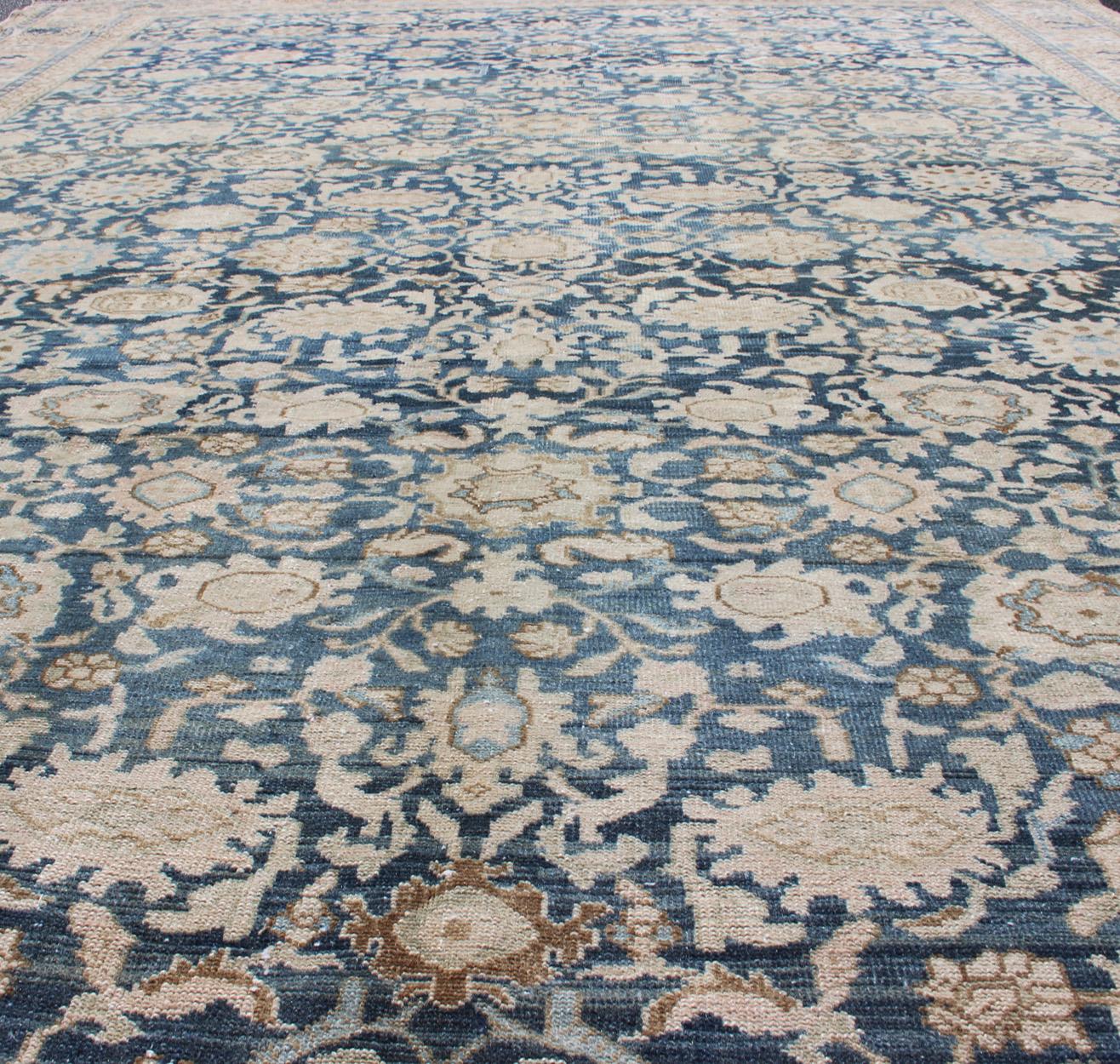 All-Over Blue Floral Persian Hamadan Rug in Navy Blue and Earthy Tones For Sale 1