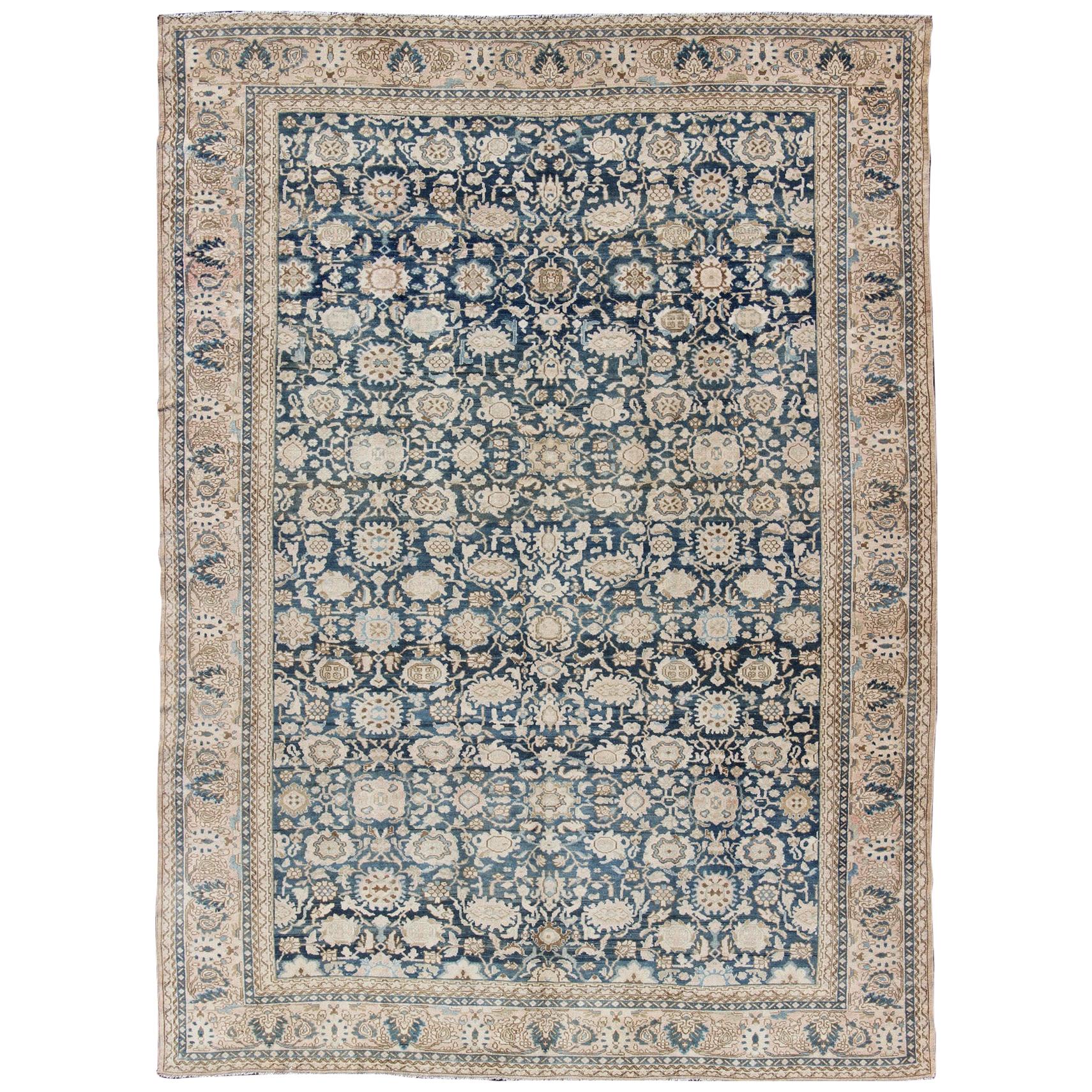 All-Over Blue Floral Persian Hamadan Rug in Navy Blue and Earthy Tones