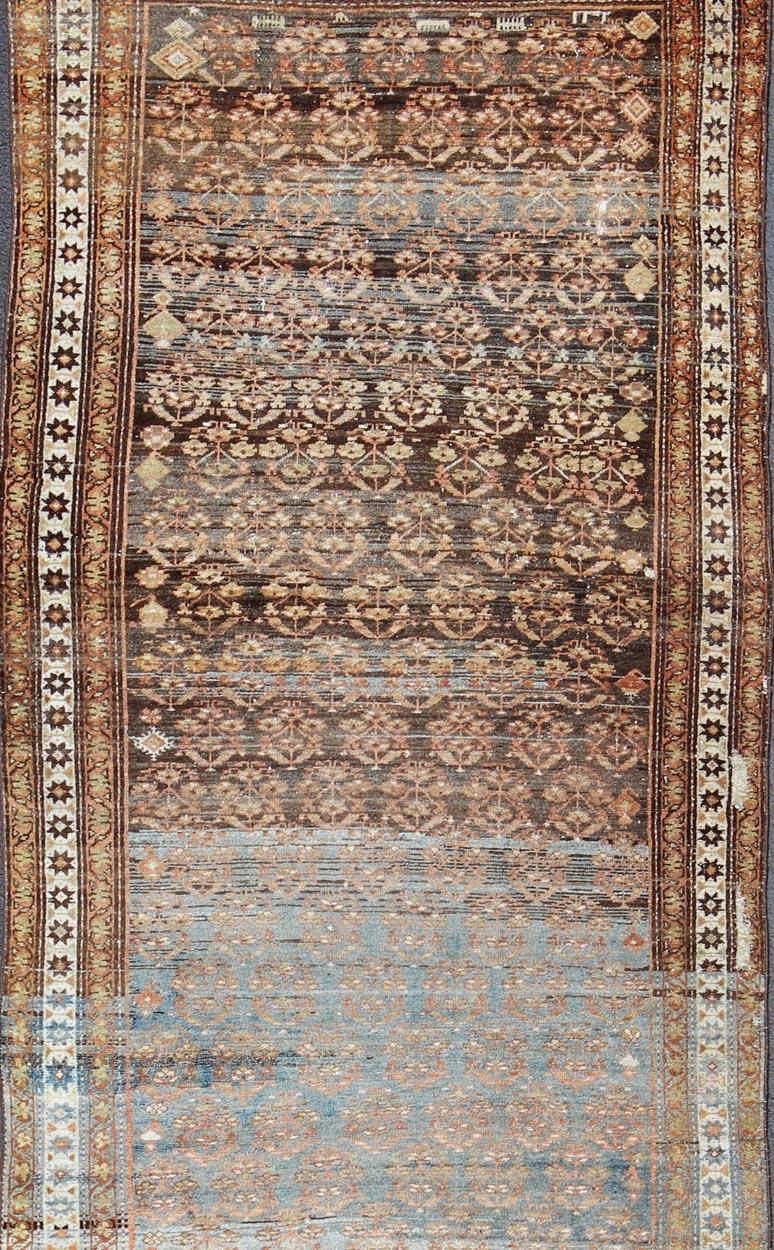 Hand-Knotted All-Over Design Antique Persian Malayer wide Runner in Natural Brown  For Sale
