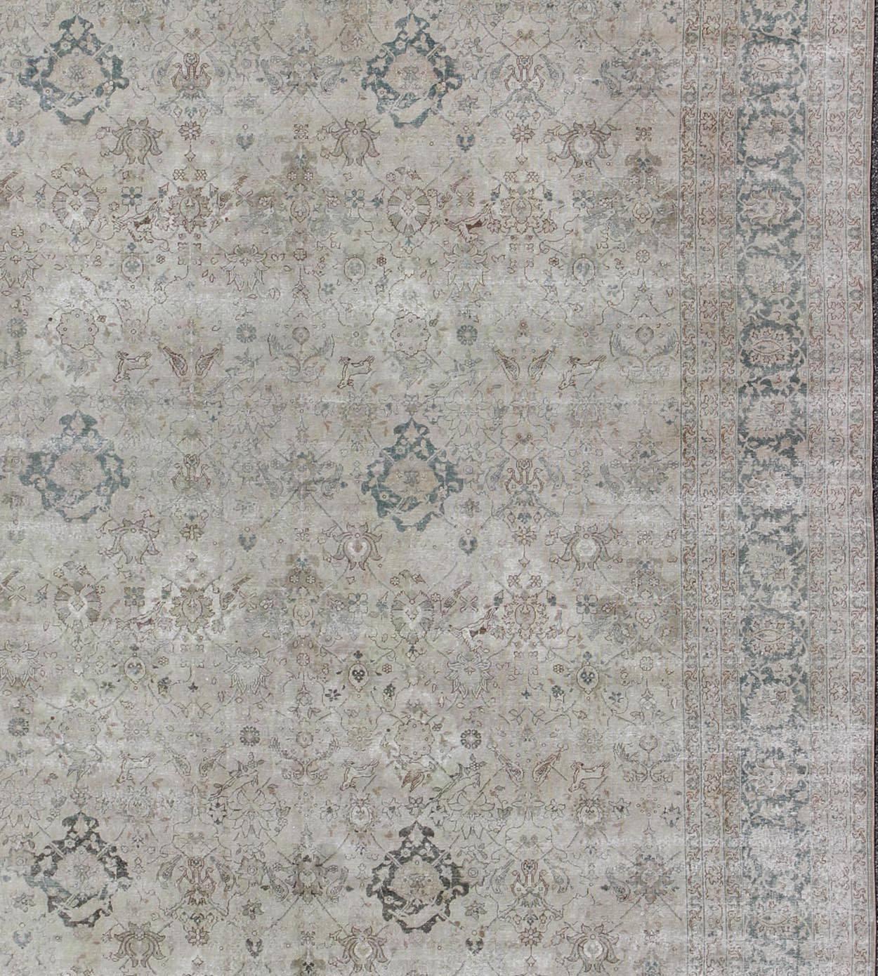 Oushak All-Over Design Antique Turkish Sivas Rug in Gray, Ivory, and Blue Tones