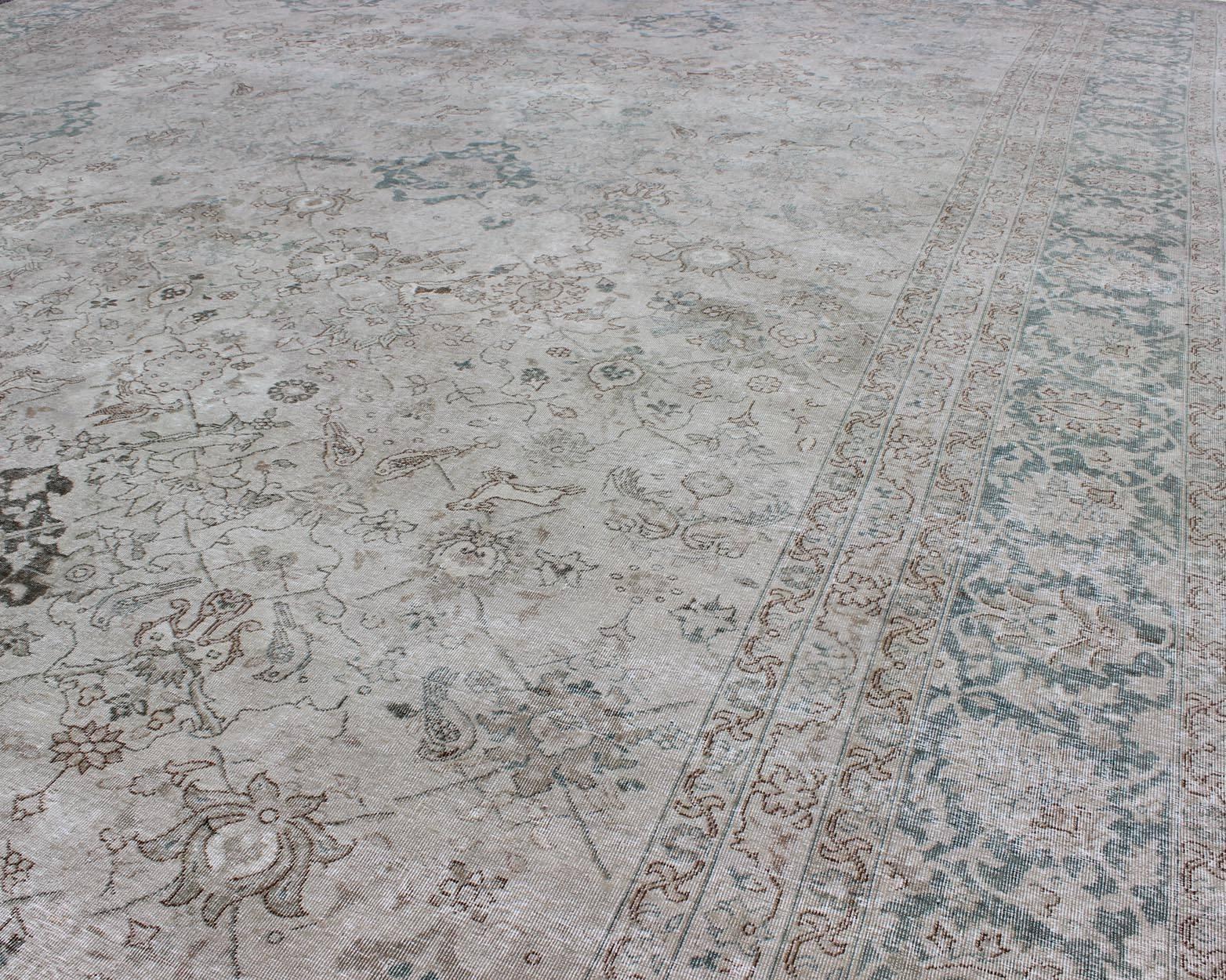 Hand-Knotted All-Over Design Antique Turkish Sivas Rug in Gray, Ivory, and Blue Tones