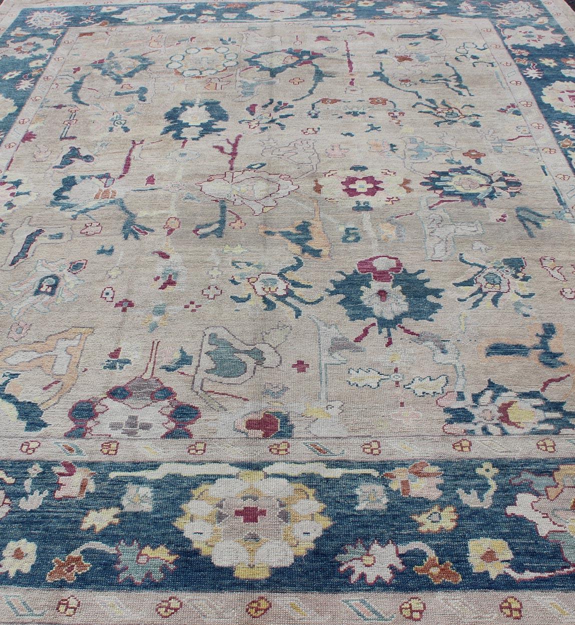 All-Over Design Royal Blue and Gray with Hints of Red Turkish Oushak Rug For Sale 4