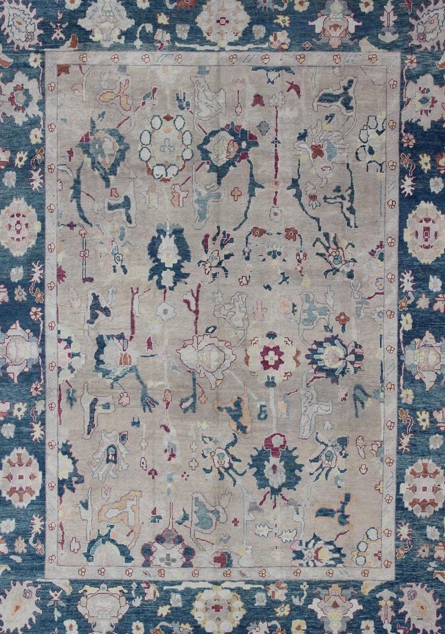 Hand-Knotted All-Over Design Royal Blue and Gray with Hints of Red Turkish Oushak Rug For Sale
