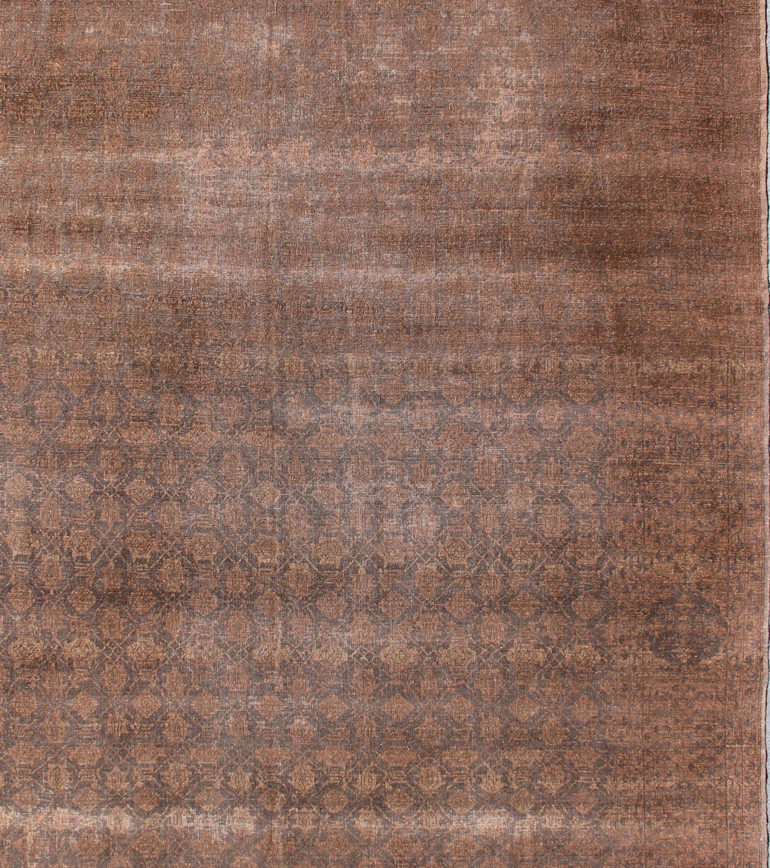 Hand-Knotted All-Over Design Turkish Ottoman Design Rug in Dark Chocolate Brown