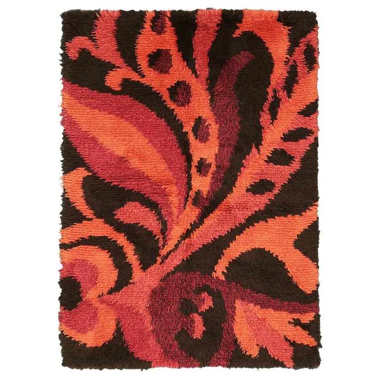1950 Wool Rug All-Over Field Vintage Dark-Brown and Orange Swedish Wool Rya Rug, ca ...