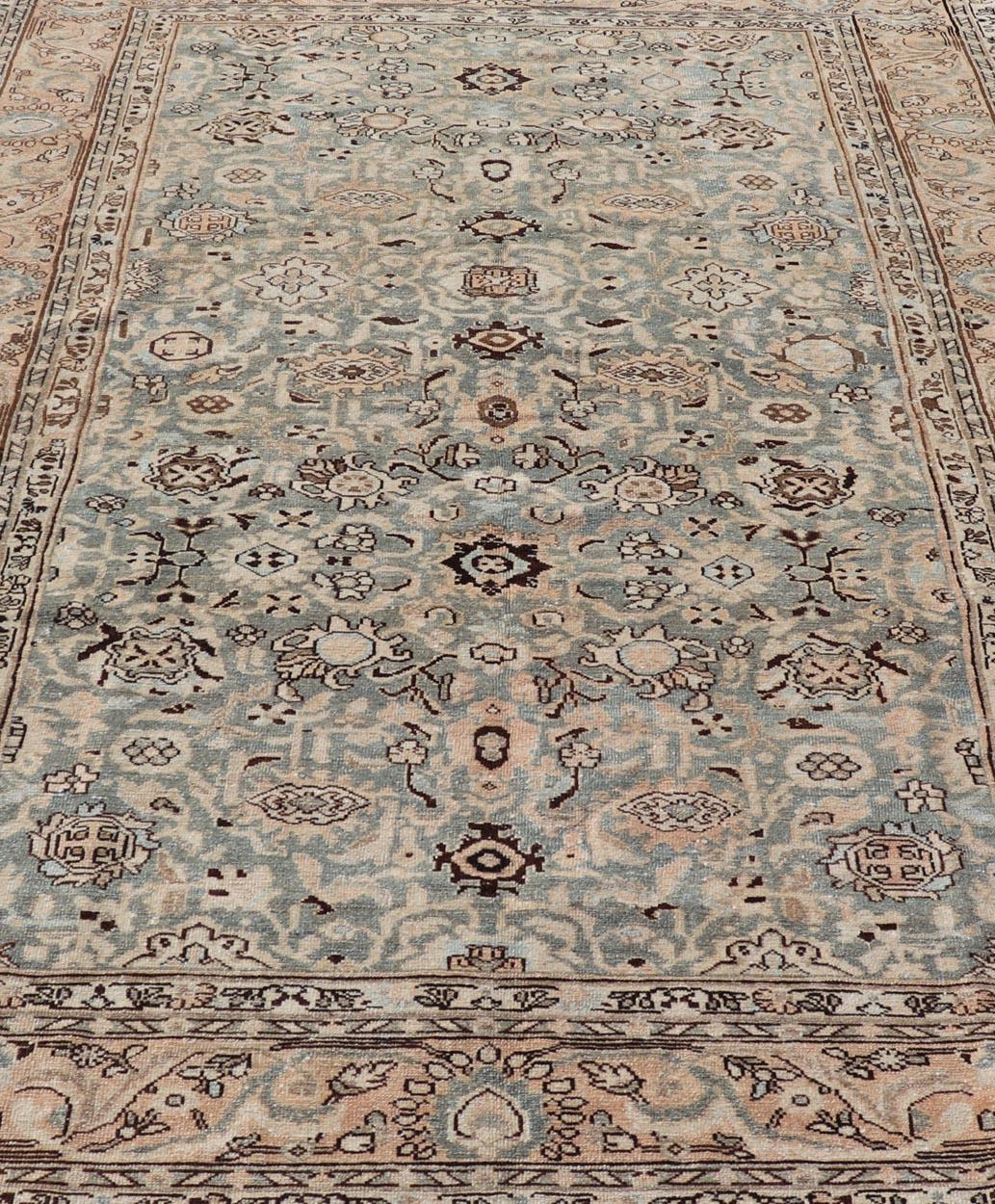 All-Over Floral Antique Persian Hamadan Rug in Gray Green, Peach & Earth Tones For Sale 3