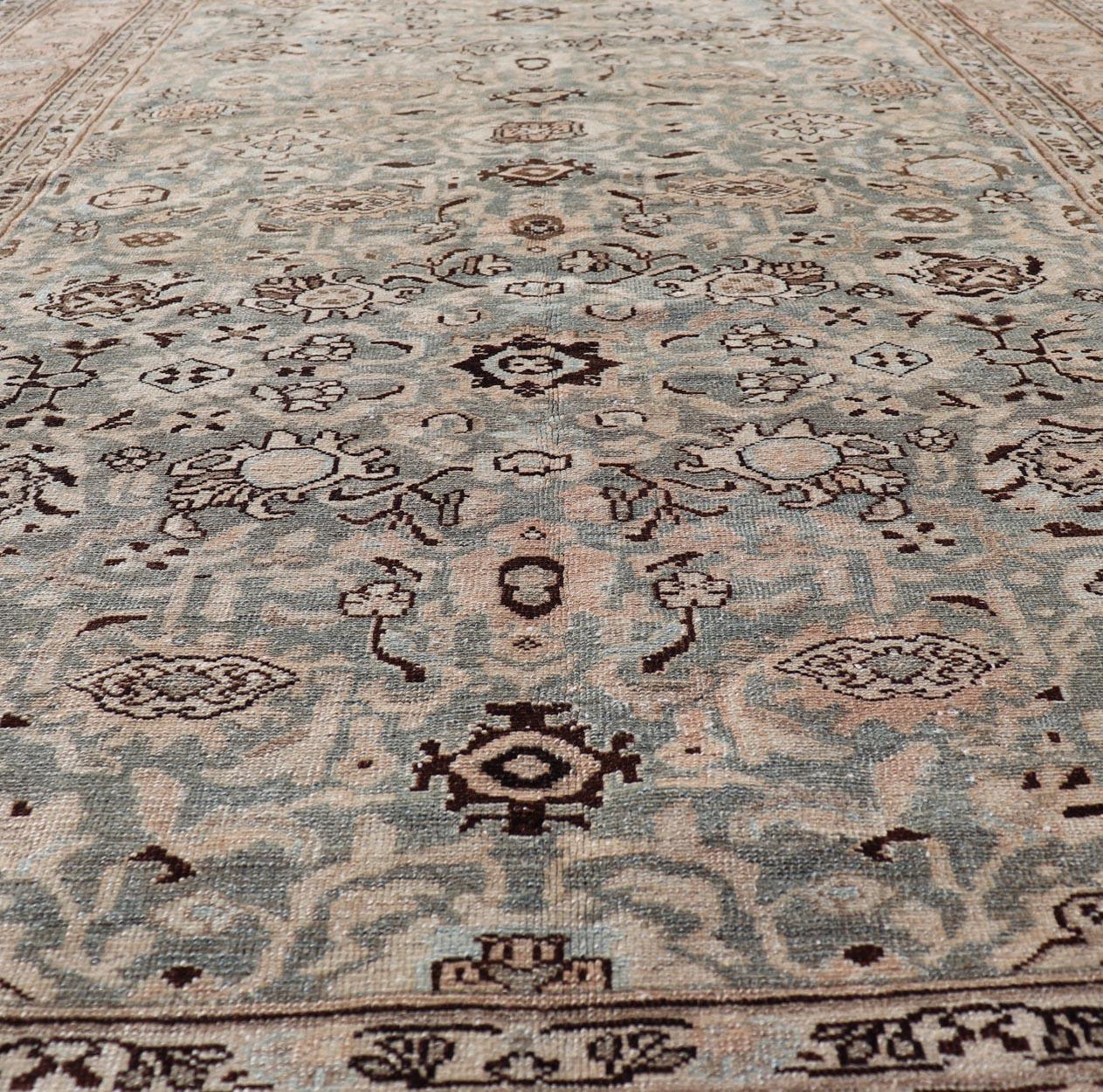 All-Over Floral Antique Persian Hamadan Rug in Gray Green, Peach & Earth Tones For Sale 4