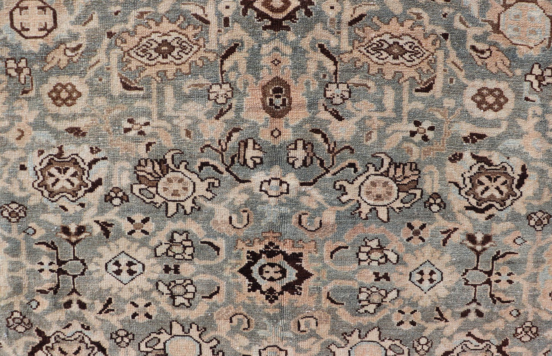 All-Over Floral Antique Persian Hamadan Rug in Gray Green, Peach & Earth Tones For Sale 5