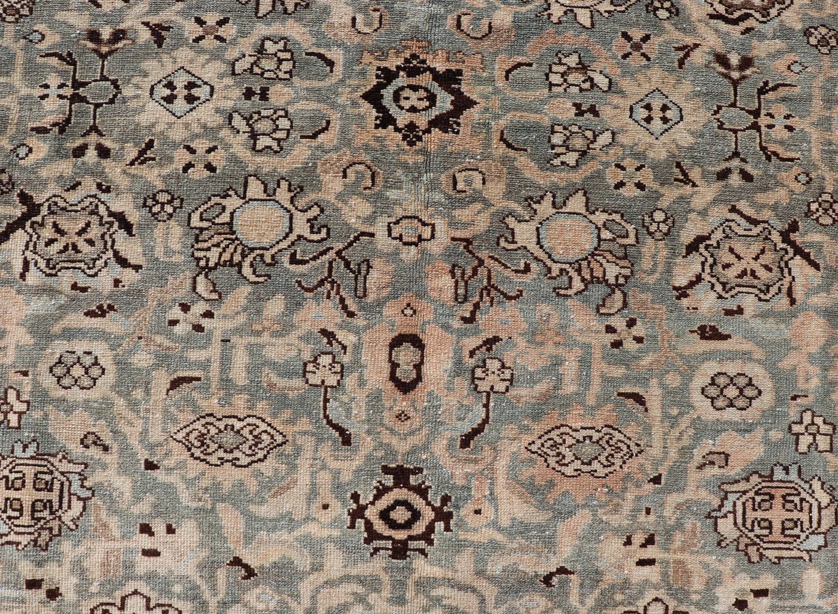 Hand-Knotted All-Over Floral Antique Persian Hamadan Rug in Gray Green, Peach & Earth Tones For Sale