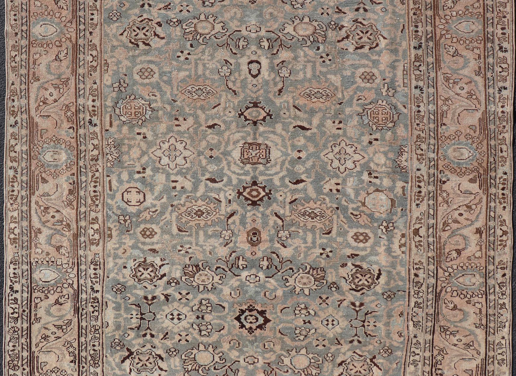 20th Century All-Over Floral Antique Persian Hamadan Rug in Gray Green, Peach & Earth Tones For Sale