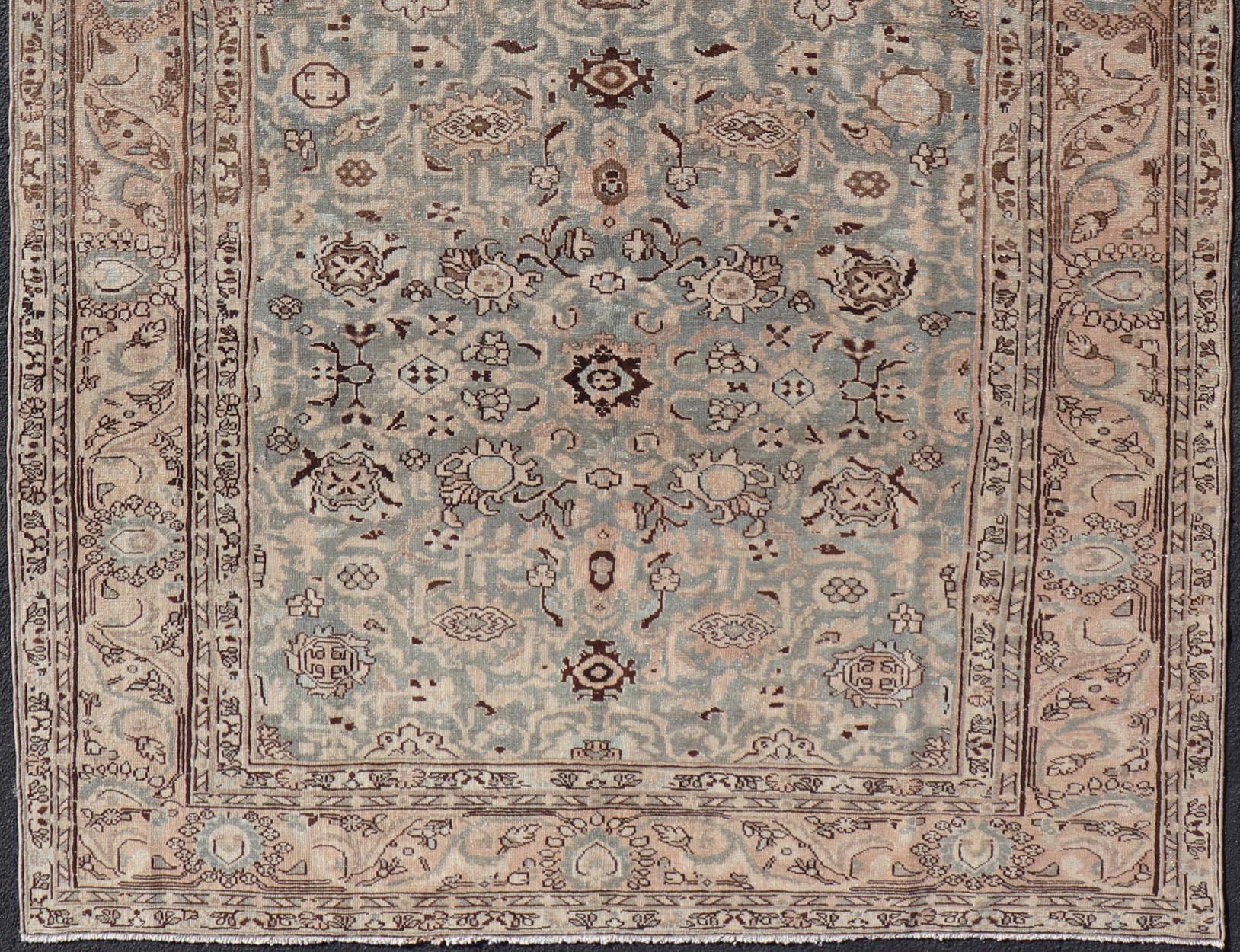 Wool All-Over Floral Antique Persian Hamadan Rug in Gray Green, Peach & Earth Tones For Sale