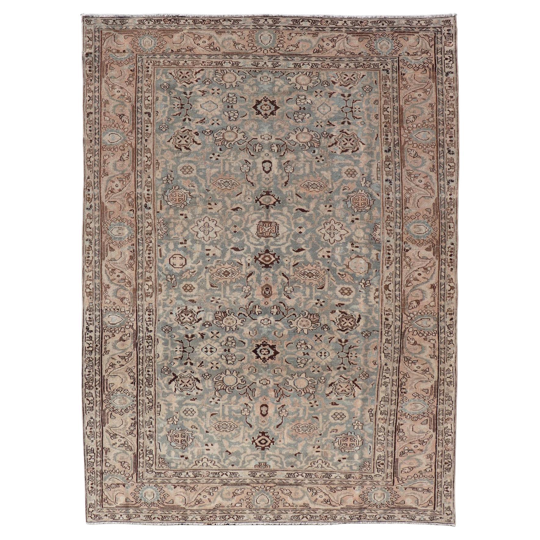 All-Over Floral Antique Persian Hamadan Rug in Gray Green, Peach & Earth Tones
