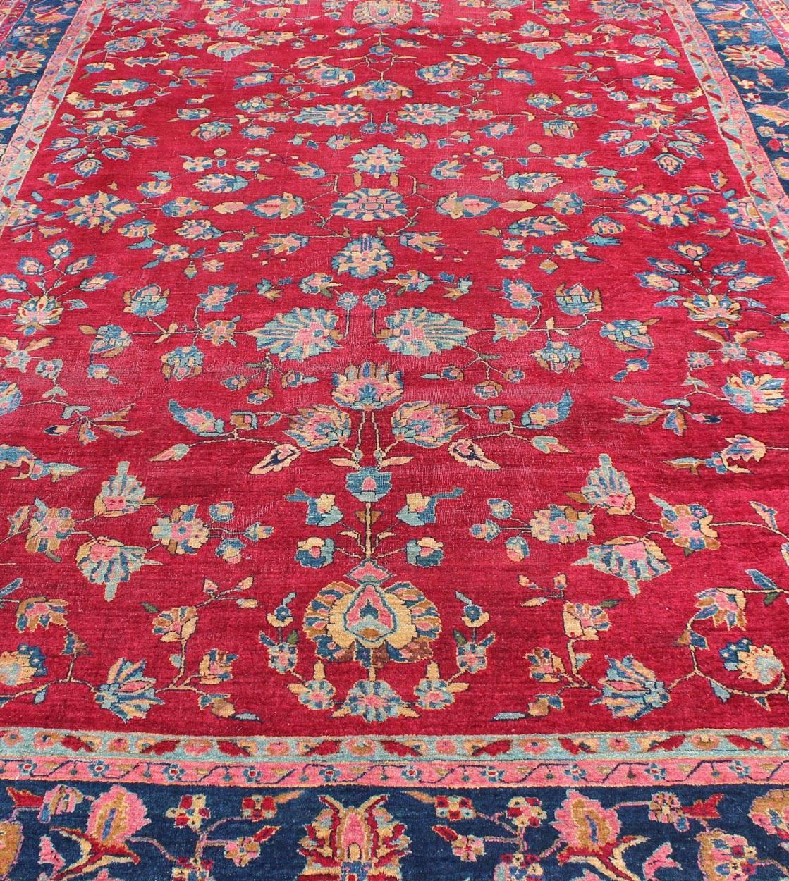 All-Over Floral Design Antique Indian Amritsar Rug in Red and Blue Tones For Sale 2