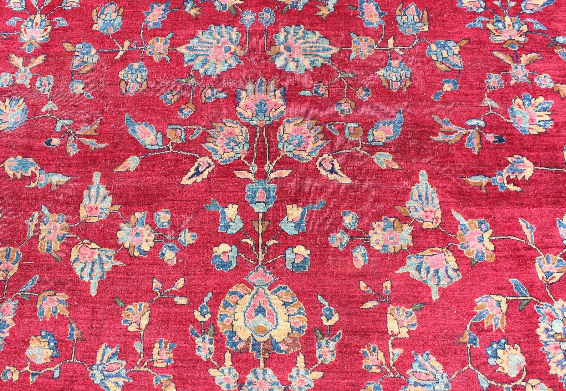 All-Over Floral Design Antique Indian Amritsar Rug in Red and Blue Tones For Sale 3
