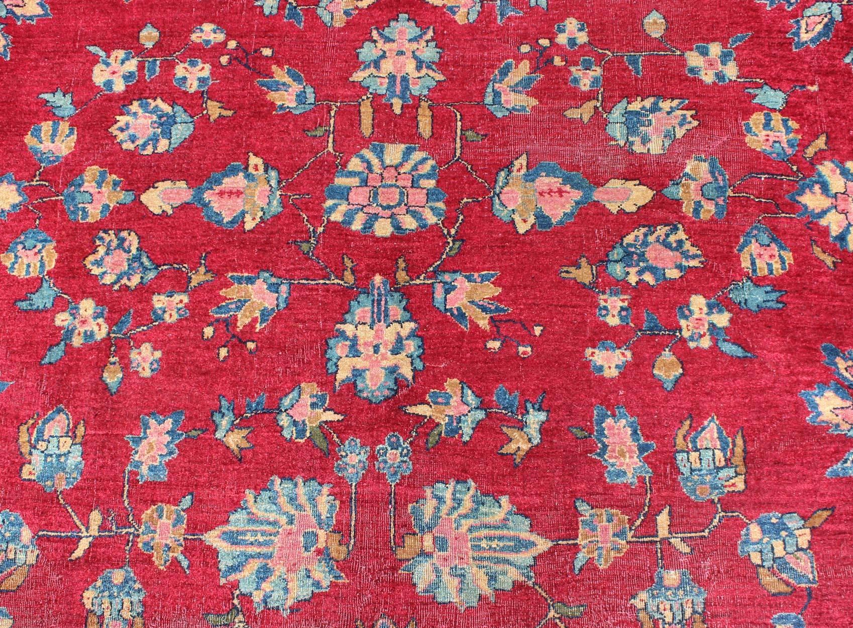 All-Over Floral Design Antique Indian Amritsar Rug in Red and Blue Tones For Sale 4