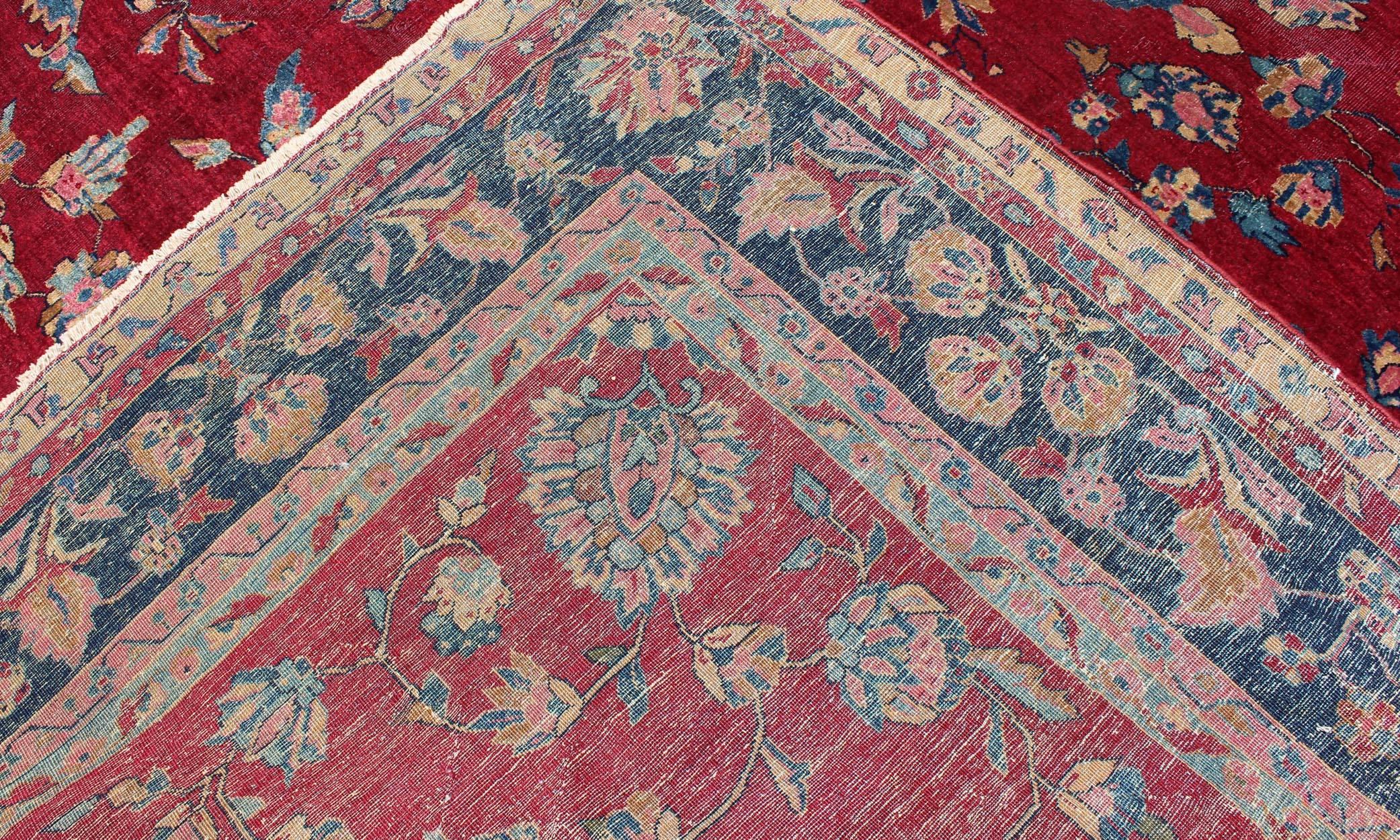All-Over Floral Design Antique Indian Amritsar Rug in Red and Blue Tones For Sale 6