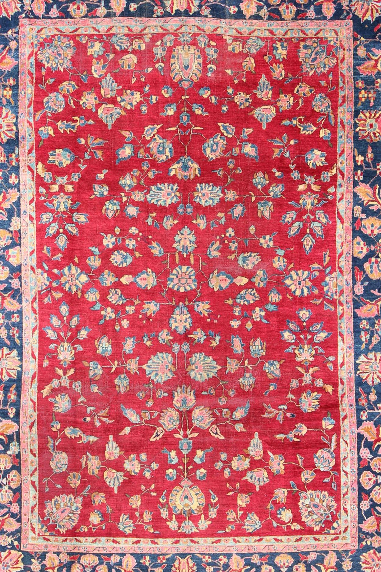 Sarouk Farahan All-Over Floral Design Antique Indian Amritsar Rug in Red and Blue Tones For Sale