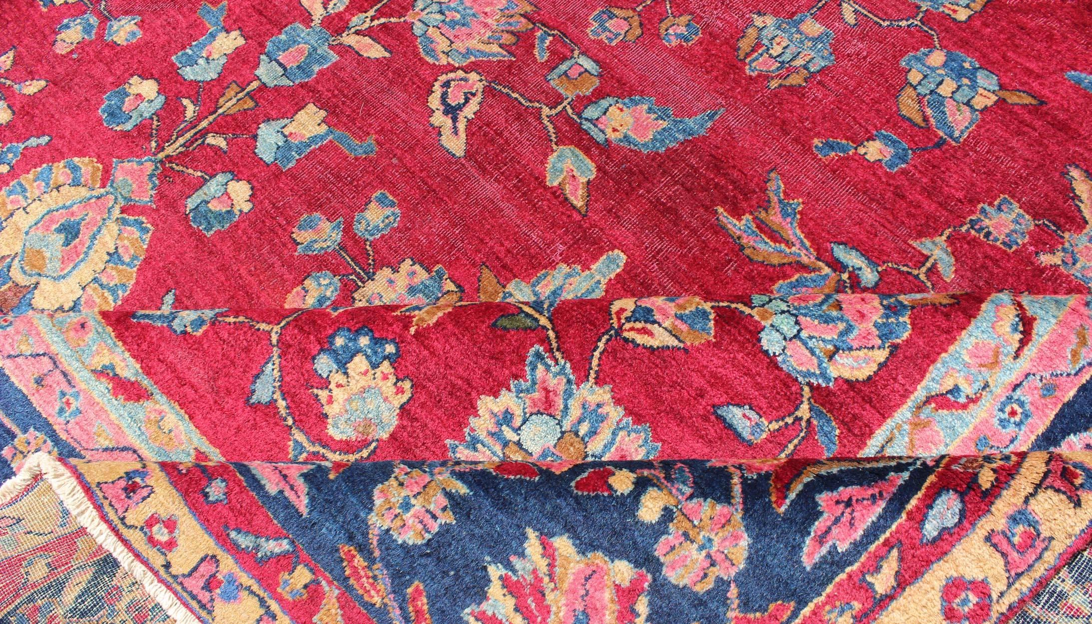 All-Over Floral Design Antique Indian Amritsar Rug in Red and Blue Tones For Sale 5