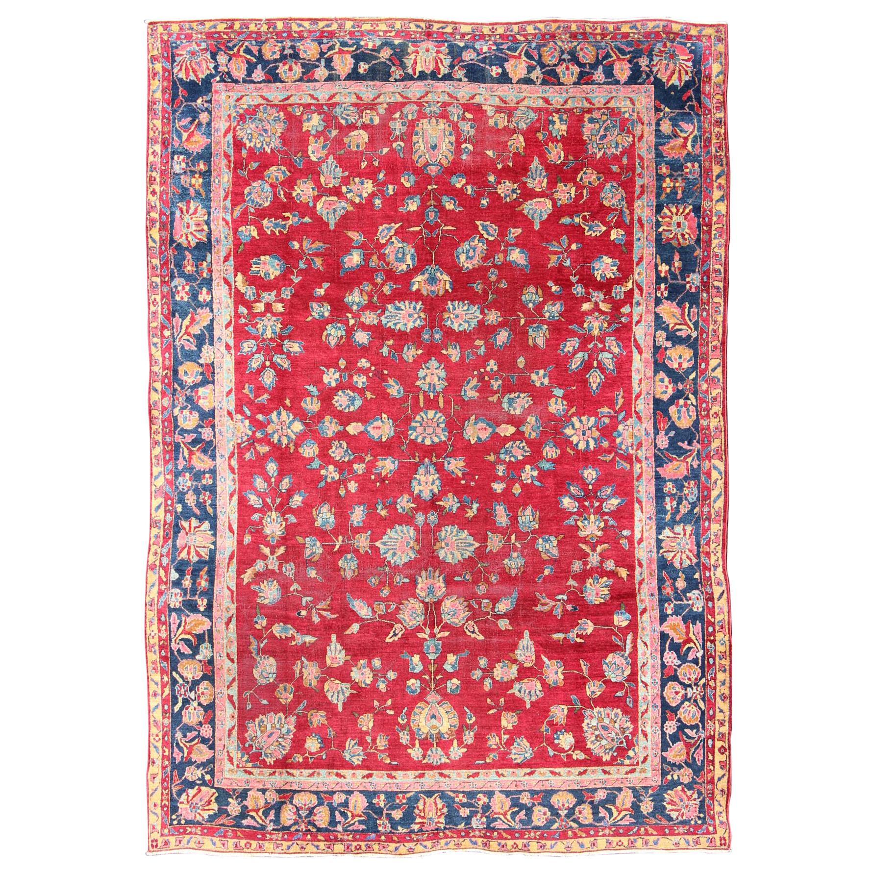 All-Over Floral Design Antique Indian Amritsar Rug in Red and Blue Tones