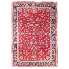 All-Over Floral Design Antique Indian Amritsar Rug in Red and Blue Tones