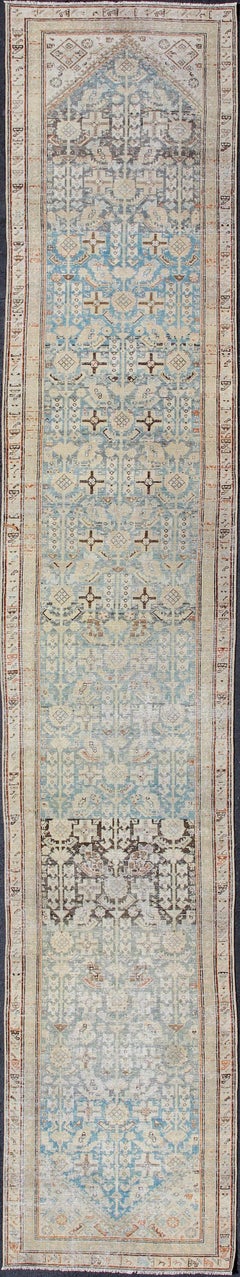 All-Over Floral Design Antique Persian Malayer Runner in Blue Tones