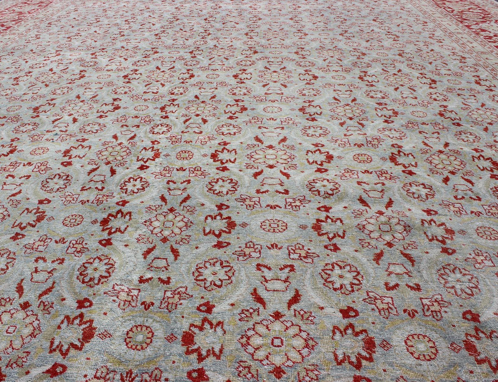 All-Over Floral Design Antique Persian Tabriz Rug in Shades of Gray-Blue and Red For Sale 3