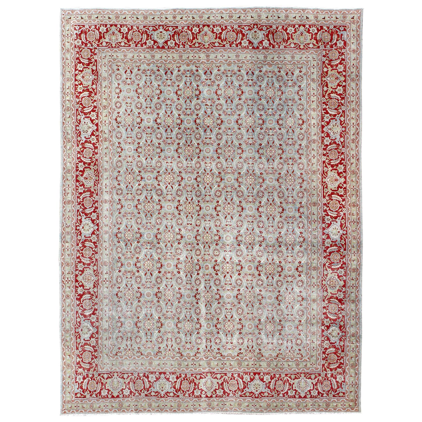 All-Over Floral Design Antique Persian Tabriz Rug in Shades of Gray-Blue and Red For Sale