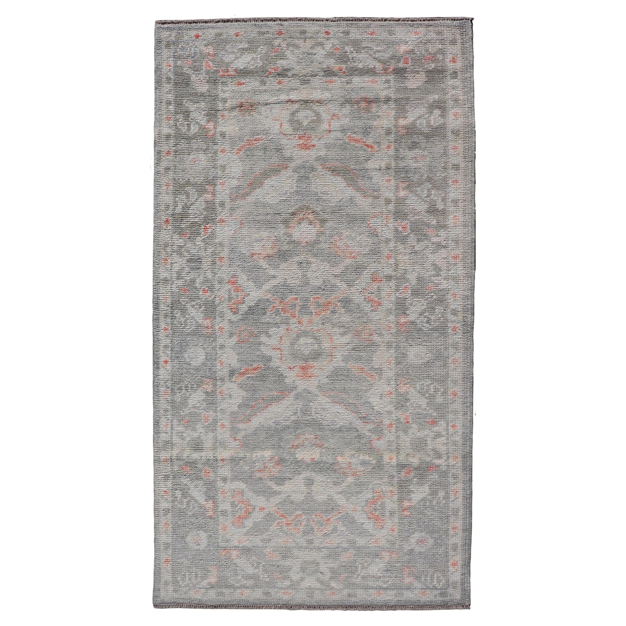 All-Over Floral Design Turkish Oushak Rug in Soft Gray and Blush Tones