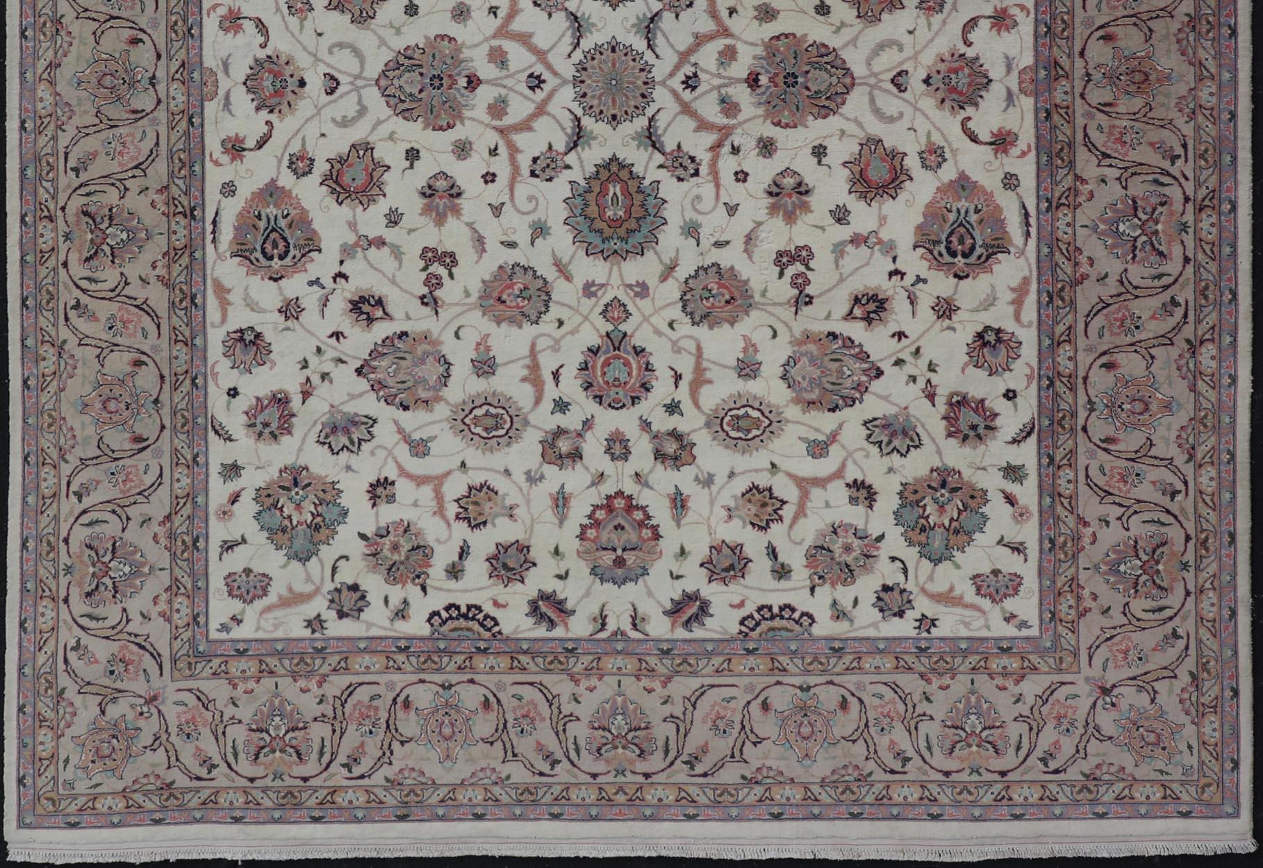 All-Over Floral Design Vintage Persian Tabriz Rug in Soft Colors on Ivory Field  For Sale 4