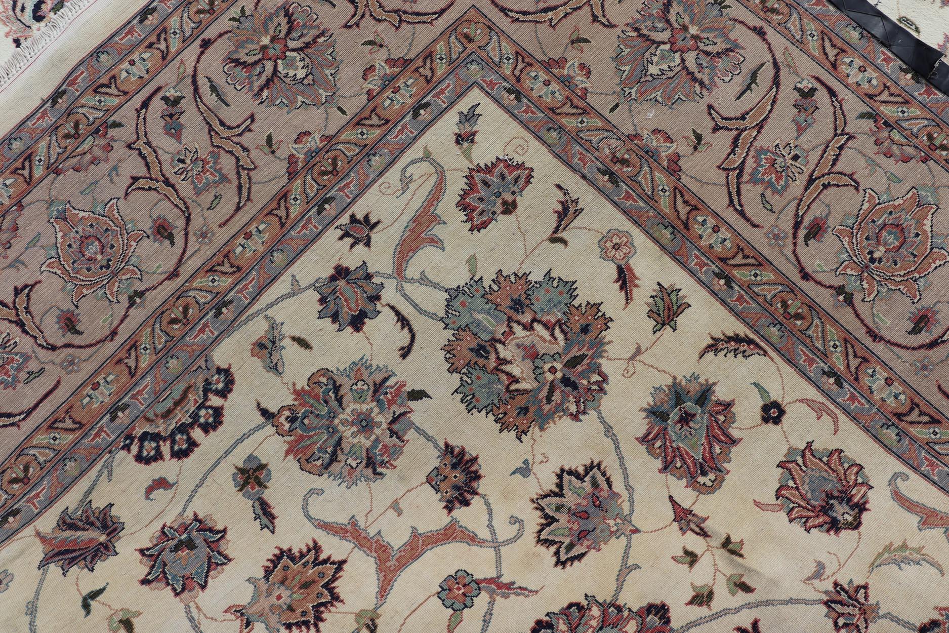 All-Over Floral Design Vintage Persian Tabriz Rug in Soft Colors on Ivory Field  For Sale 5