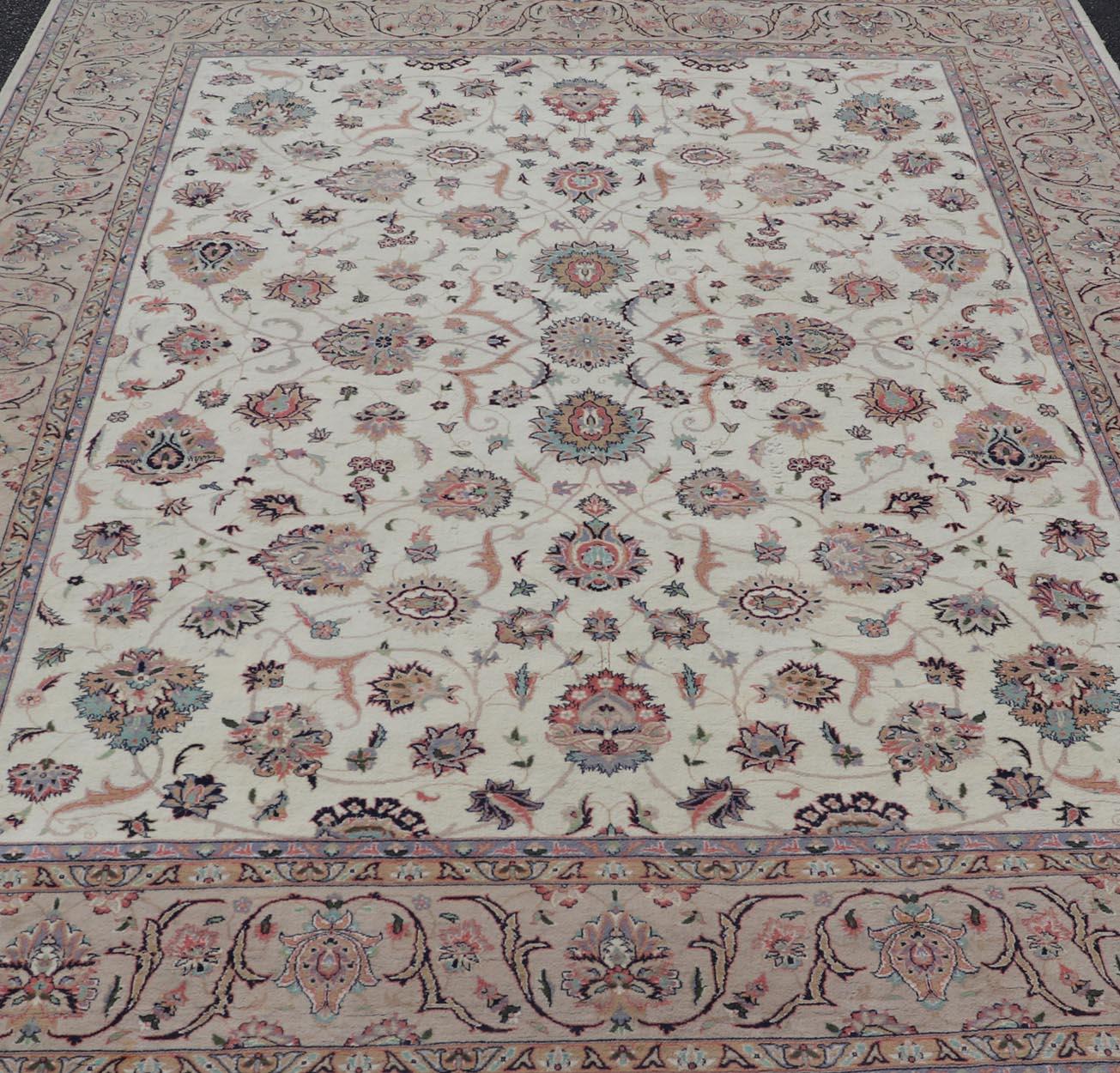 All-Over Floral Design Vintage Persian Tabriz Rug in Soft Colors on Ivory Field  For Sale 7