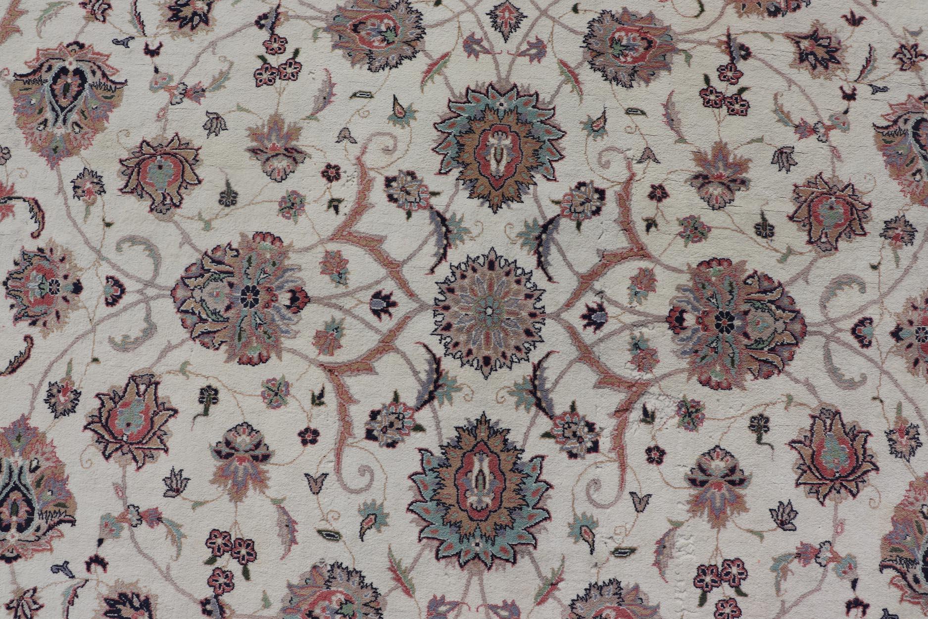 Hand-Knotted All-Over Floral Design Vintage Persian Tabriz Rug in Soft Colors on Ivory Field  For Sale