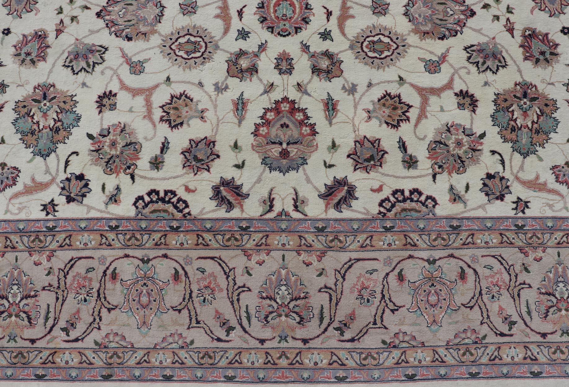 All-Over Floral Design Vintage Persian Tabriz Rug in Soft Colors on Ivory Field  For Sale 1