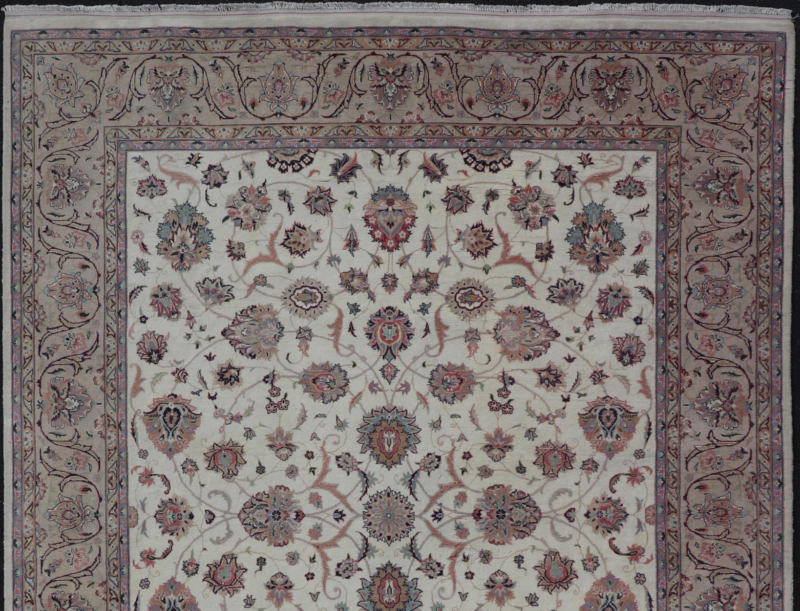All-Over Floral Design Vintage Persian Tabriz Rug in Soft Colors on Ivory Field  For Sale 2