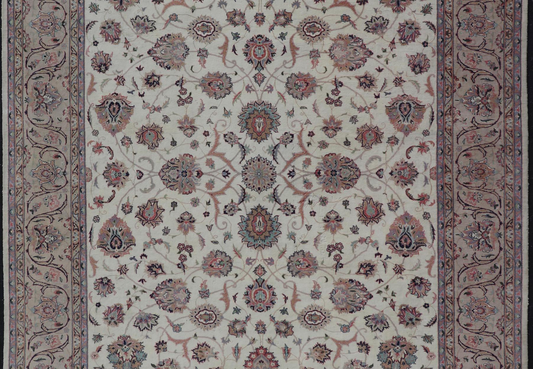 All-Over Floral Design Vintage Persian Tabriz Rug in Soft Colors on Ivory Field  For Sale 3