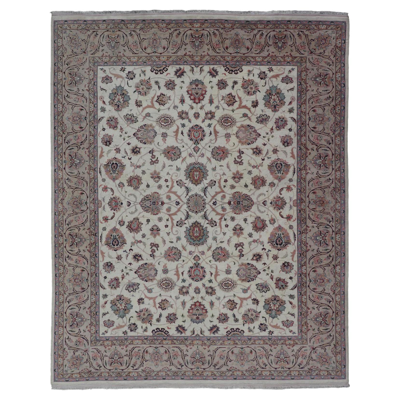 All-Over Floral Design Vintage Persian Tabriz Rug in Soft Colors on Ivory Field 