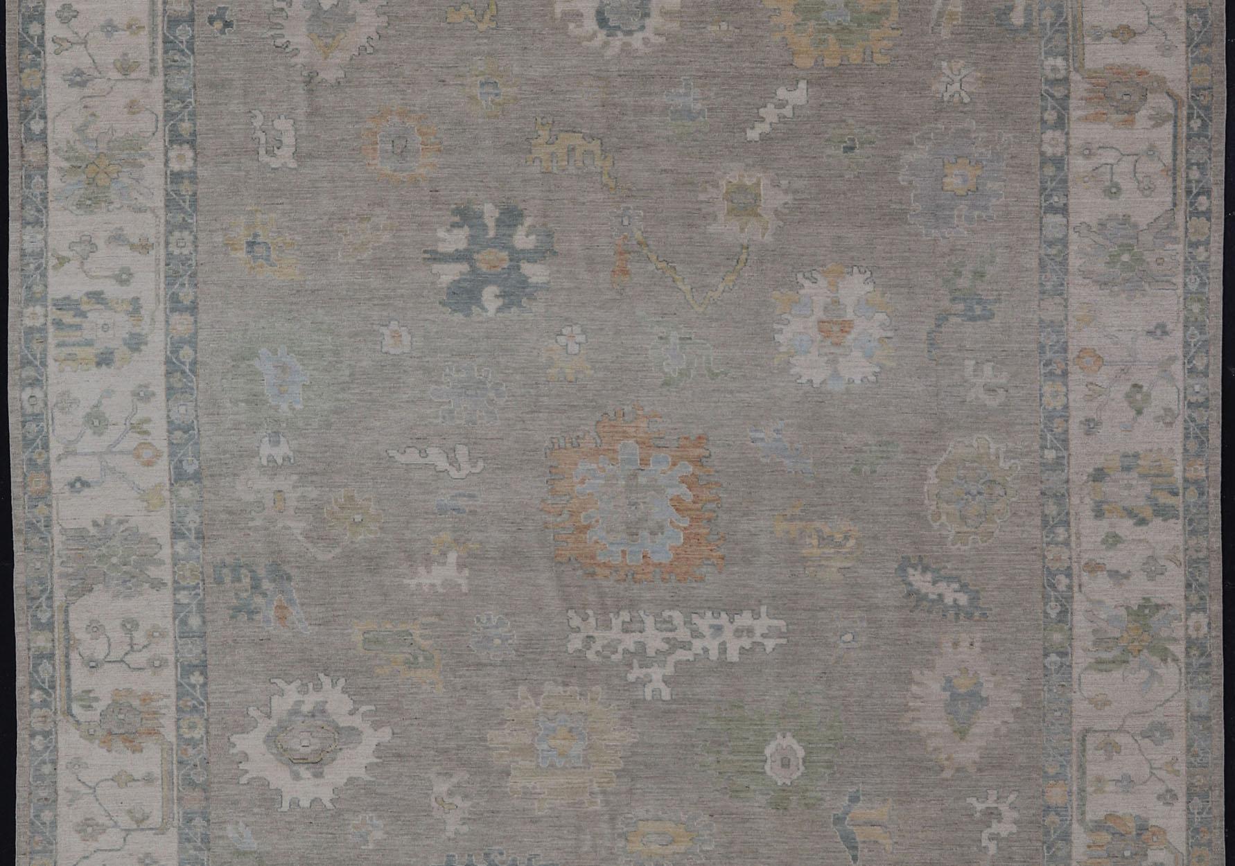 All-Over Floral Modern Oushak with Light Tan Background and Cream Border For Sale 4
