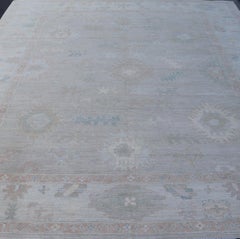 All-Over Floral Modern Oushak with Light Tan Background and Cream Border