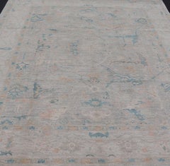 All-Over Floral Modern Oushak with Light Tan Background and Cream Border