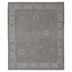 All-Over Floral Modern Oushak with Light Tan Background and Cream Border