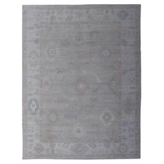 All-Over Floral Modern Oushak with Light Tan Background and Cream Border
