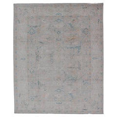 All-Over Floral Modern Oushak with Light Tan Background and Cream Border