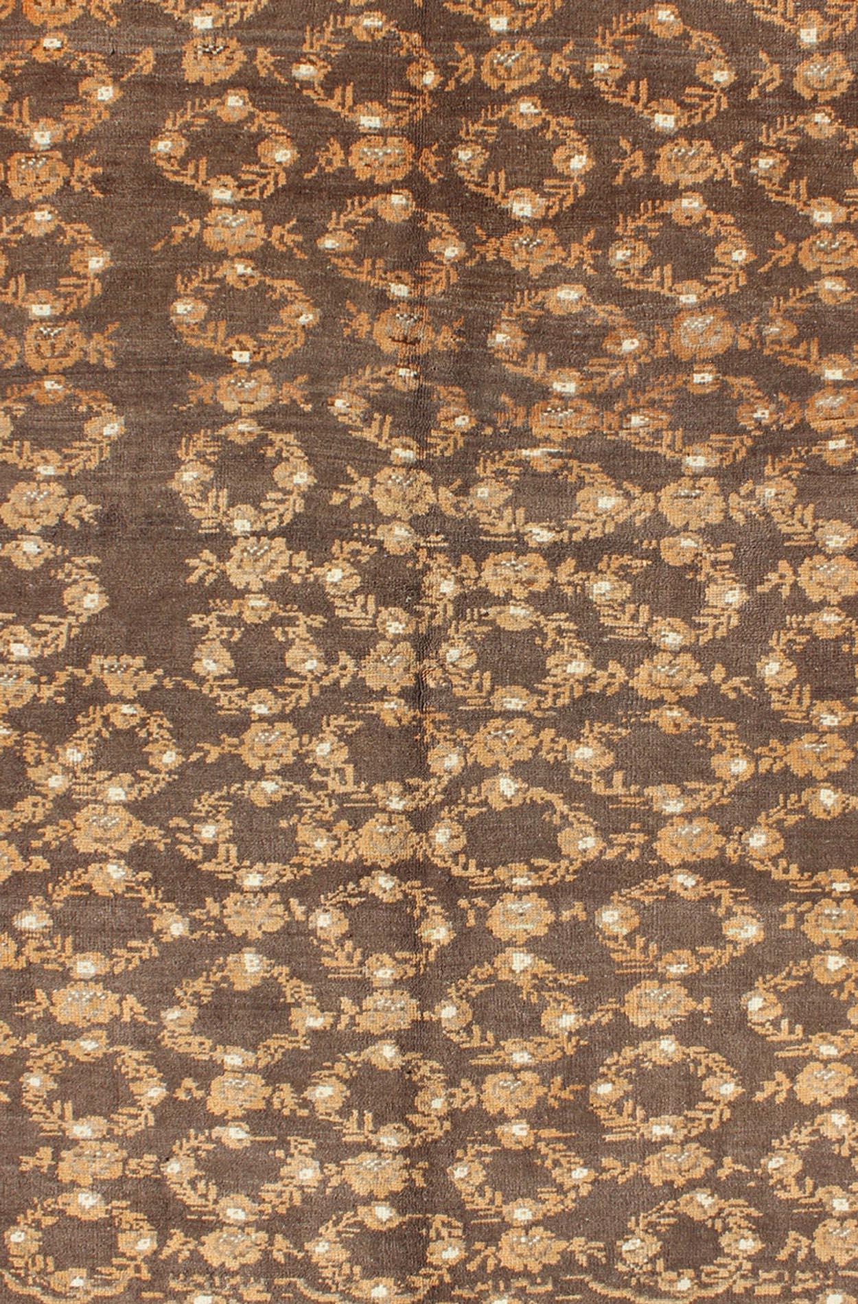 Hand-Knotted All-Over Floral Wreath Design Turkish Oushak Rug with Brown Background For Sale