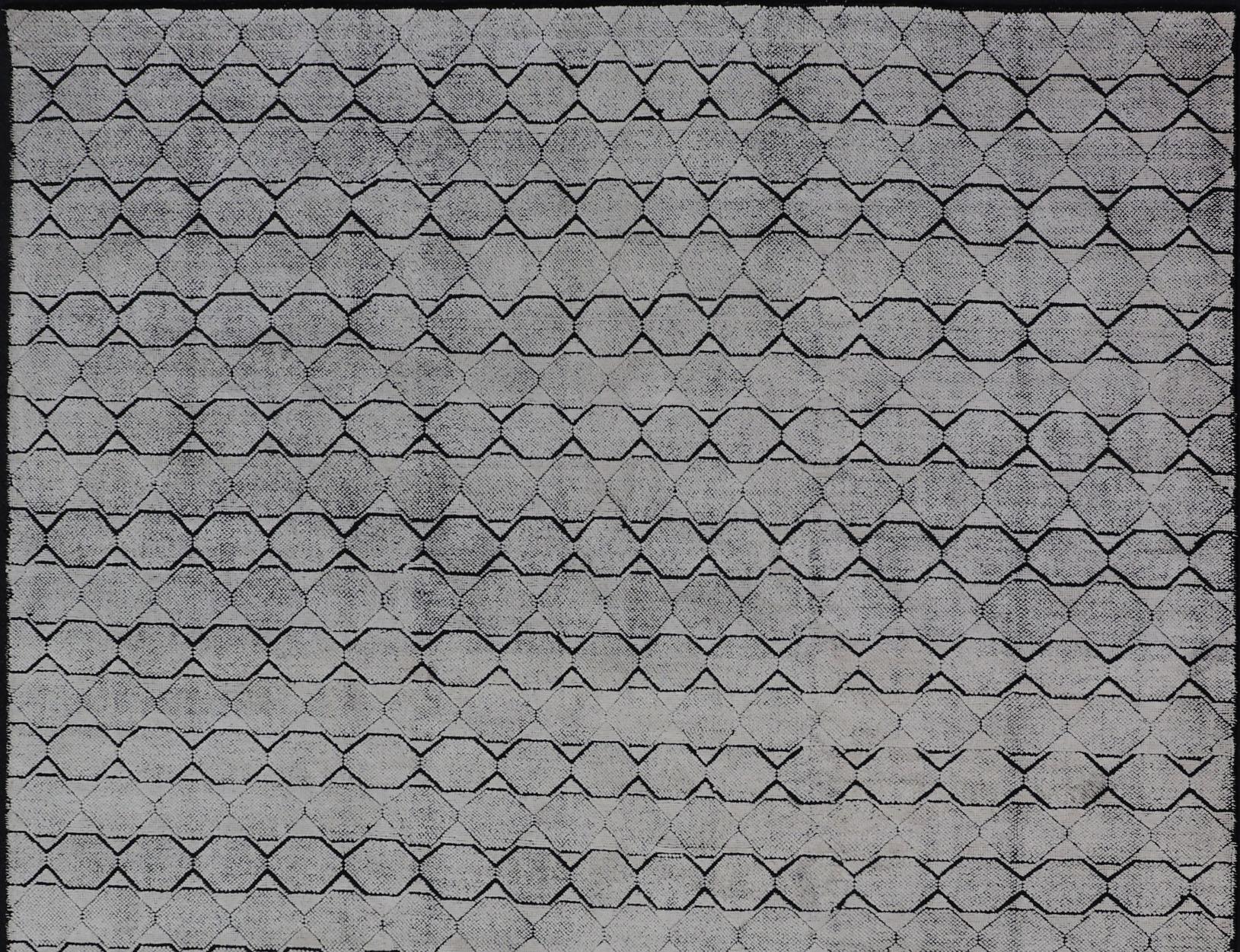 Indian All-Over Geometric Modern Large Rug in Ivory and Black For Sale